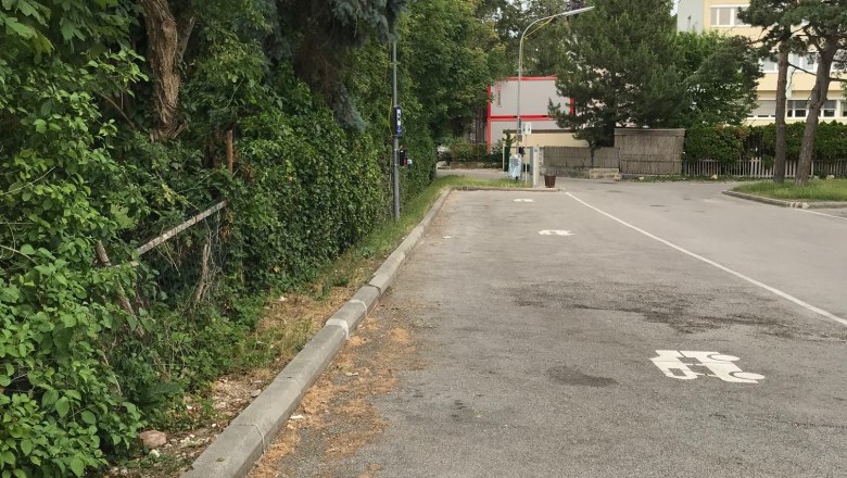 Parkplatz mit B&auml;umen und einem Geb&auml;ude im Hintergrund.