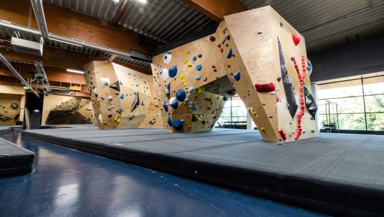 Innenansicht einer Kletterhalle mit verschiedenen Kletterwänden und bunten Griffen.