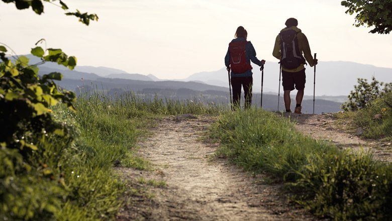 2 Menschen mit Walkingstöcken in der Landschaft.