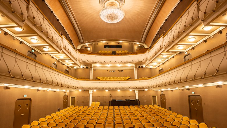 Blick vom Balkon auf die Bühne des Stadttheaters Wiener Neustadt mit edlem Parkett und historischen Logen
