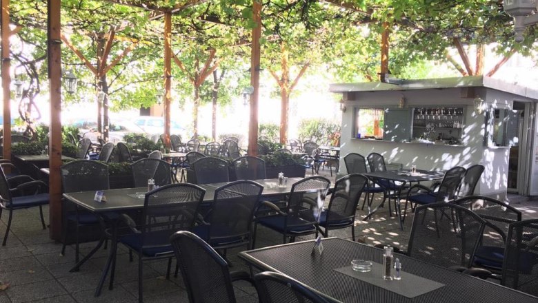 Ein leerer Schanigarten mit Tischen und Stühlen unter einem Blätterdach.