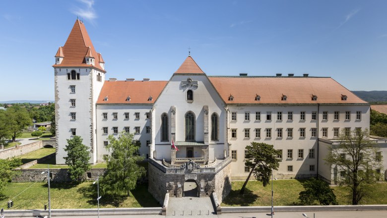Historisches Gebäude mit rotem Dach und Turm, umgeben von Bäumen und einer Straße im Vordergrund.