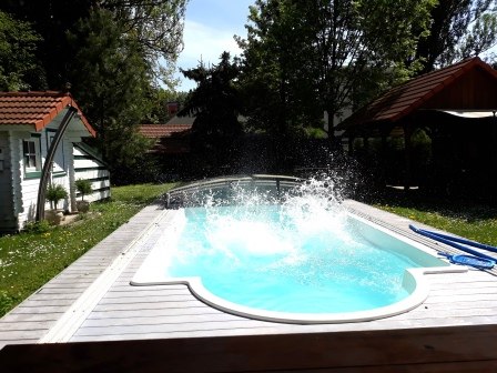 Ein Pool im Garten mit spritzendem Wasser, umgeben von Bäumen und einem kleinen Gebäude mit rotem Dach.