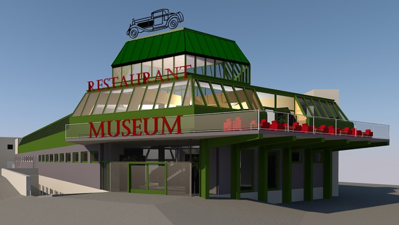 Building with green roof, inscription 'Restaurant' and 'Museum', vintage car symbol on the roof.