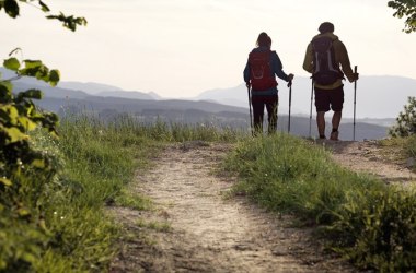 2 Menschen mit Walkingstöcken in der Landschaft.