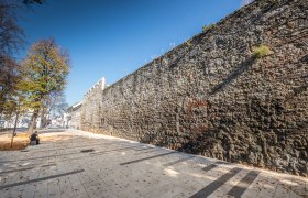 Eine alte Stadtmauer aus Stein mit Bäumen und einem gepflasterten Weg daneben.