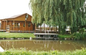Holzbootshaus am Wiener Neustädter Kanal mit Steg und Weide im Vordergrund.