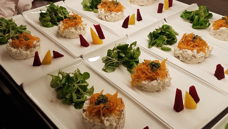 Appetizer plate with salad, cream cheese and vegetables on white plates.