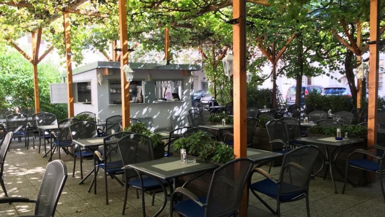 Ein leerer Schanigarten mit Tischen und Stühlen unter einem Blätterdach.