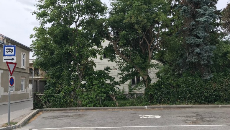 An empty parking lot with a motorhome symbol on the ground, surrounded by trees and a building in the background.