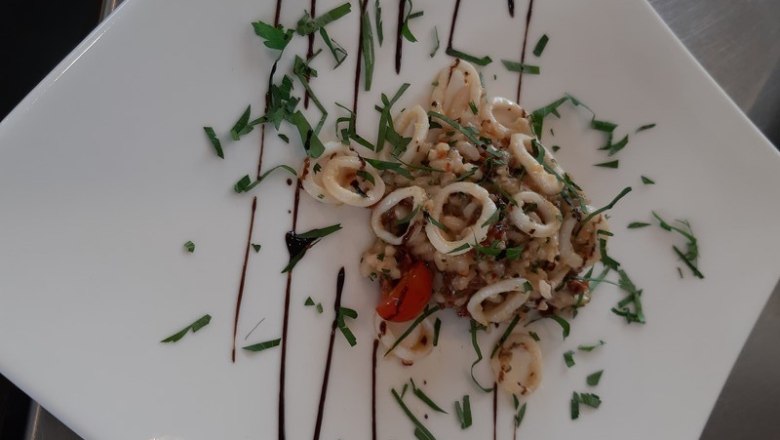 A plate of decoratively arranged calamari, garnished with herbs and balsamic glaze.