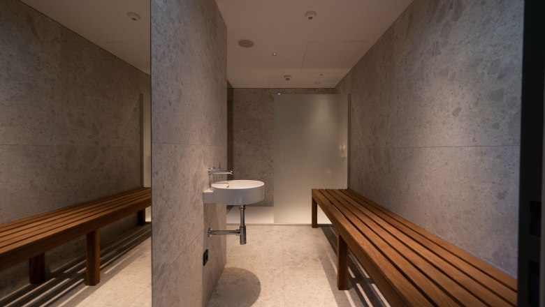 Moderner Saunabereich mit Holzbänken und Waschbecken.