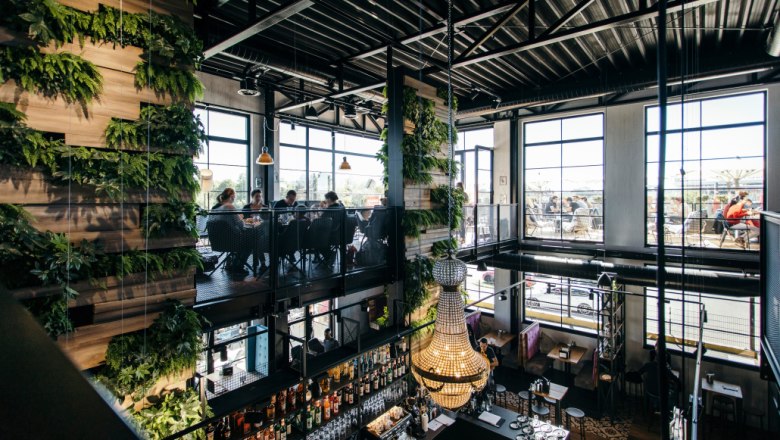 Innenansicht eines modernen Cafés mit Pflanzenwänden und großen Fenstern.